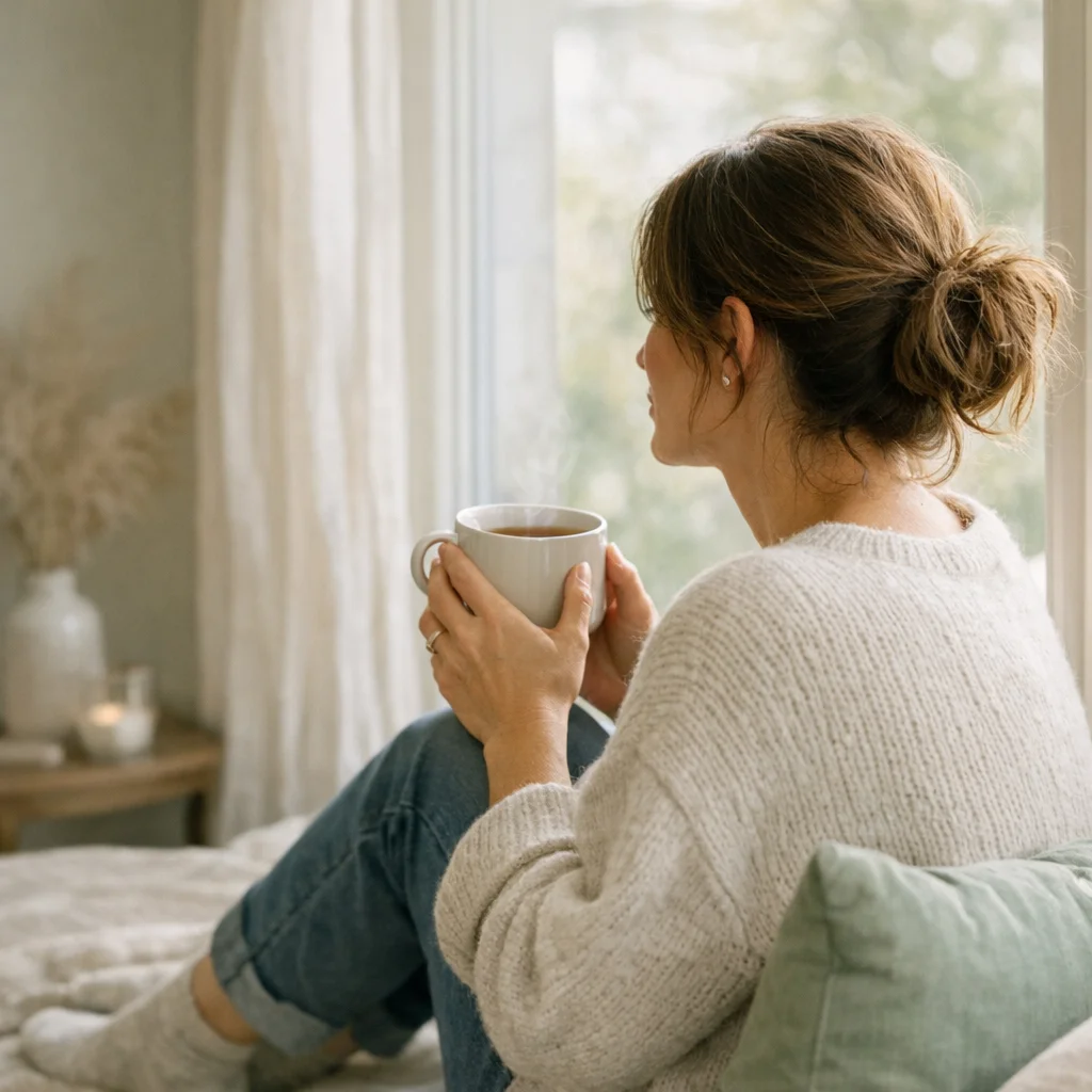 A woman sitting by a window with a cup of tea, seen from behind
