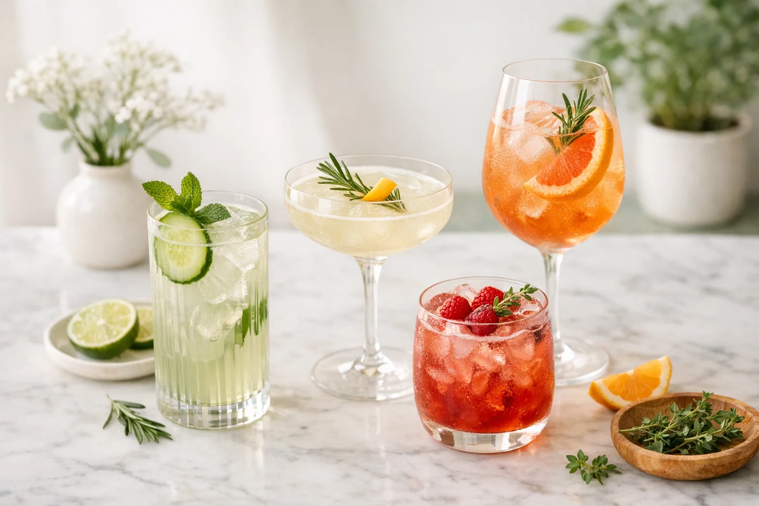 Beautiful non-alcoholic drinks styled on a marble counter