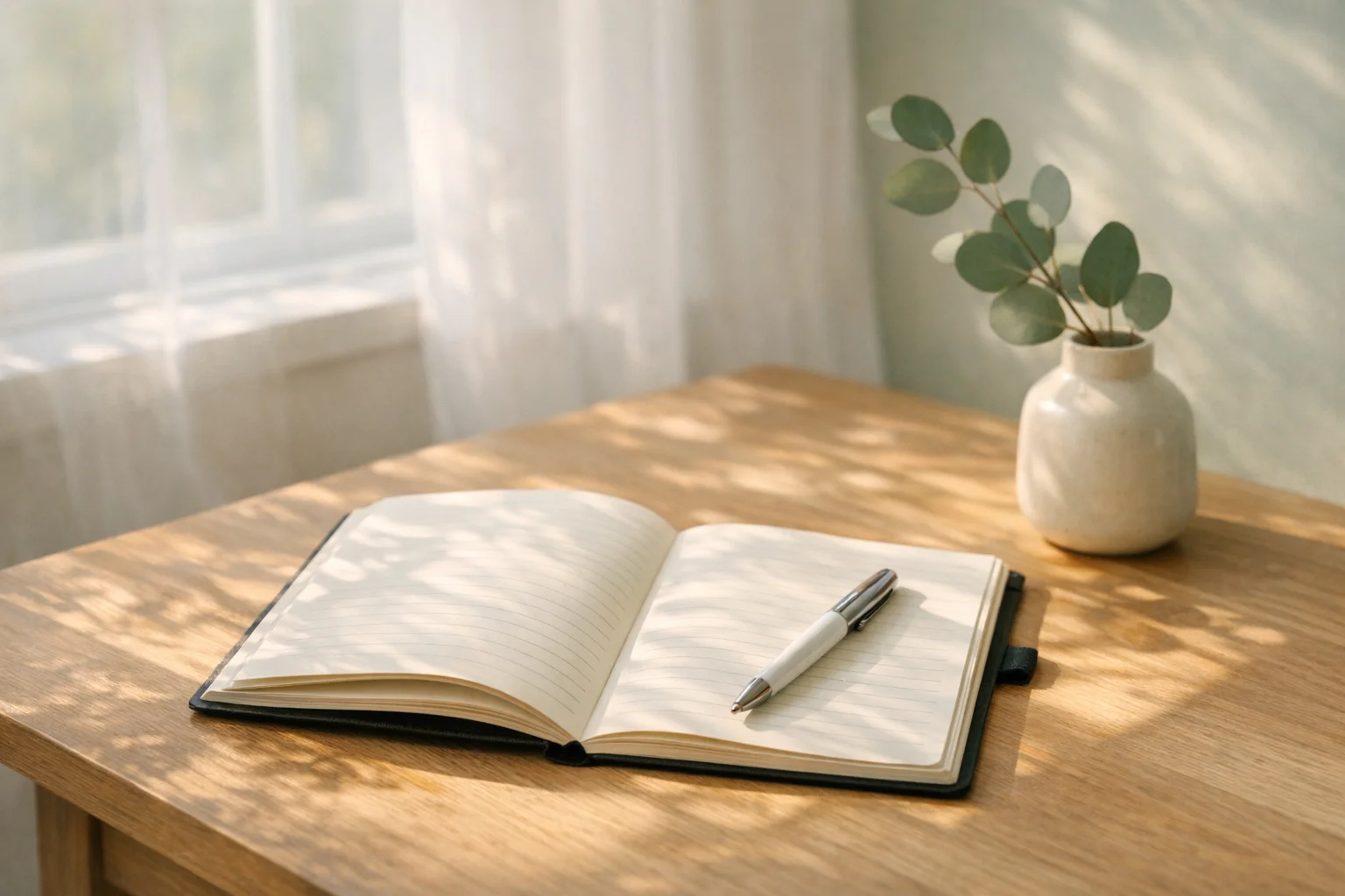 A journal and pen in warm morning light