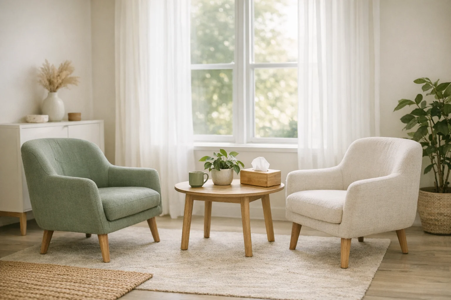 A peaceful room with two chairs and natural light