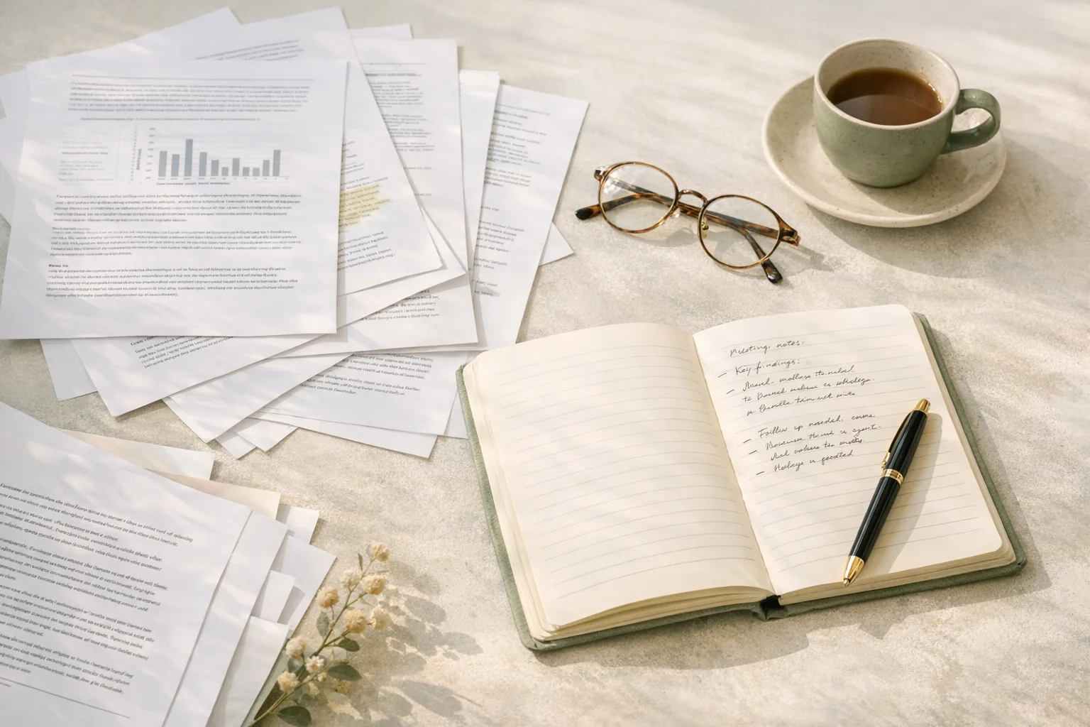 Research papers and reading glasses on a desk