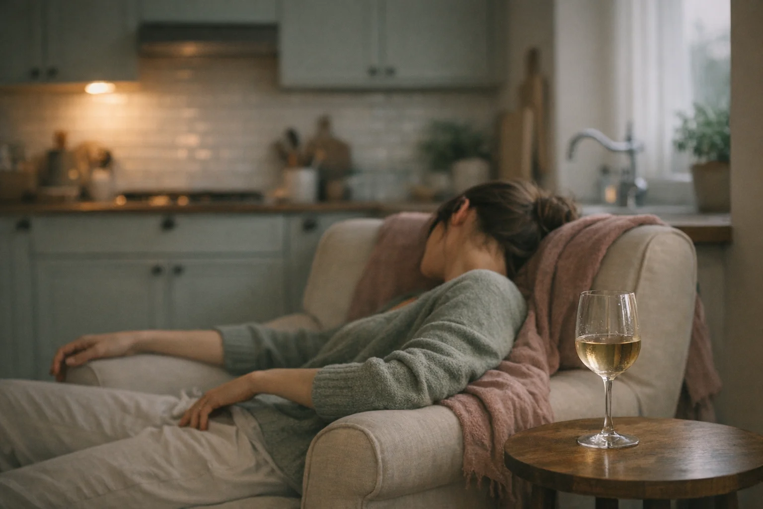 A mother slumped in a kitchen chair at end of day with a half-finished wine glass on the side table, illustrating the bidirectional loop of mom burnout and drinking