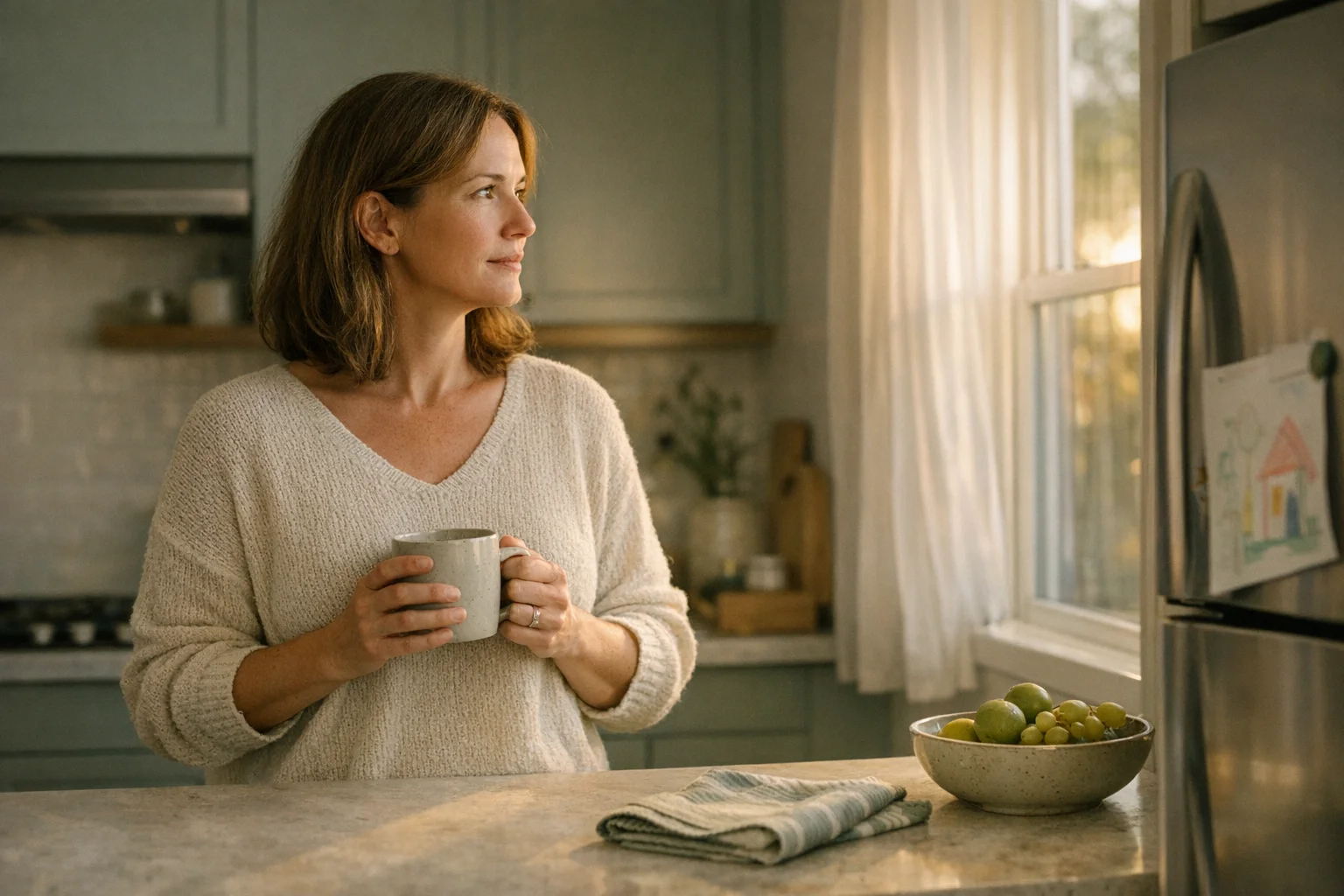 A mother in her 40s standing alone in a quiet kitchen at dusk, holding a mug, looking out the window in soft light, illustrating the quiet moment many moms who quit drinking describe