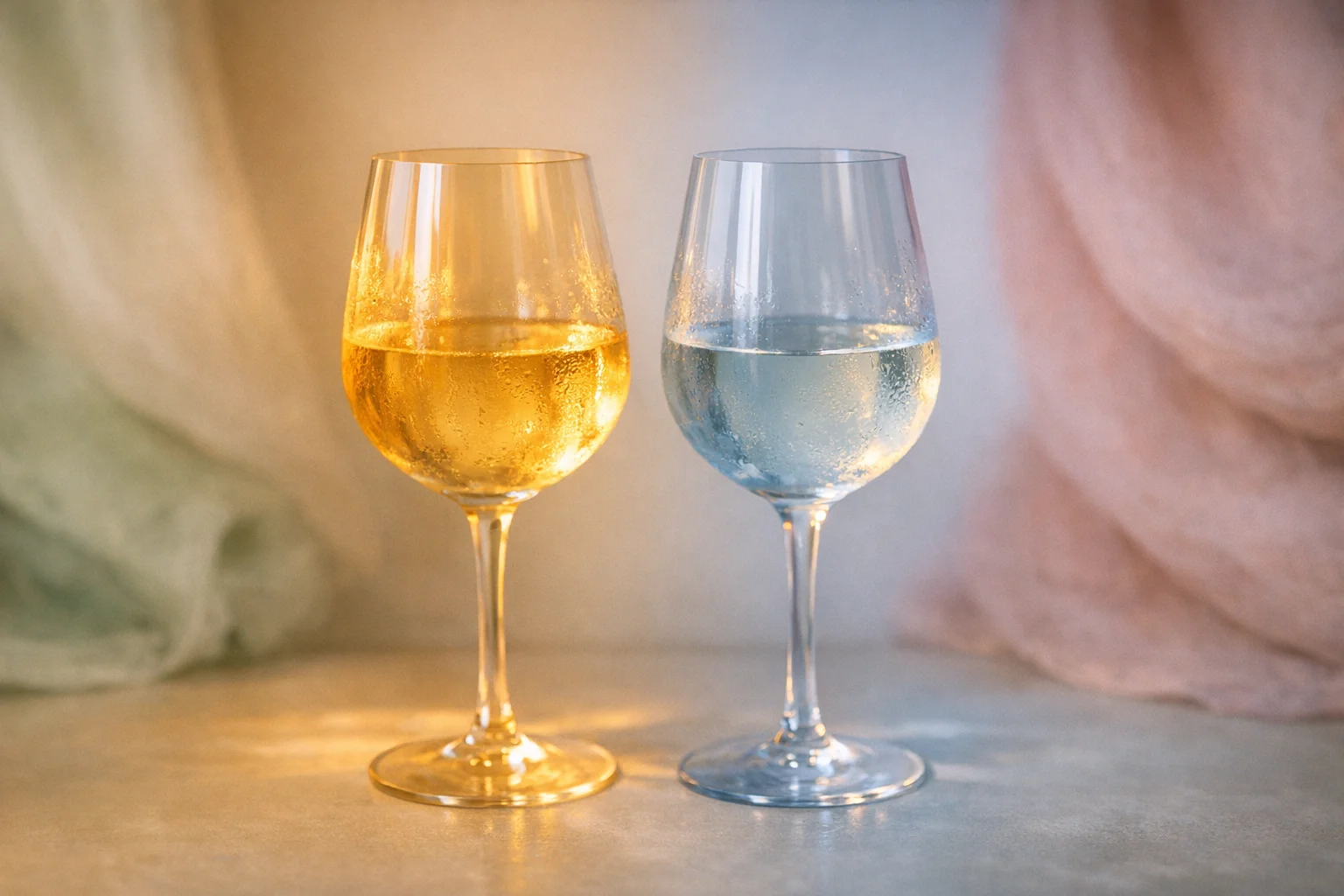 Two wine glasses on a kitchen counter in soft sage and rose light, illustrating why alcohol metabolism changes in perimenopause