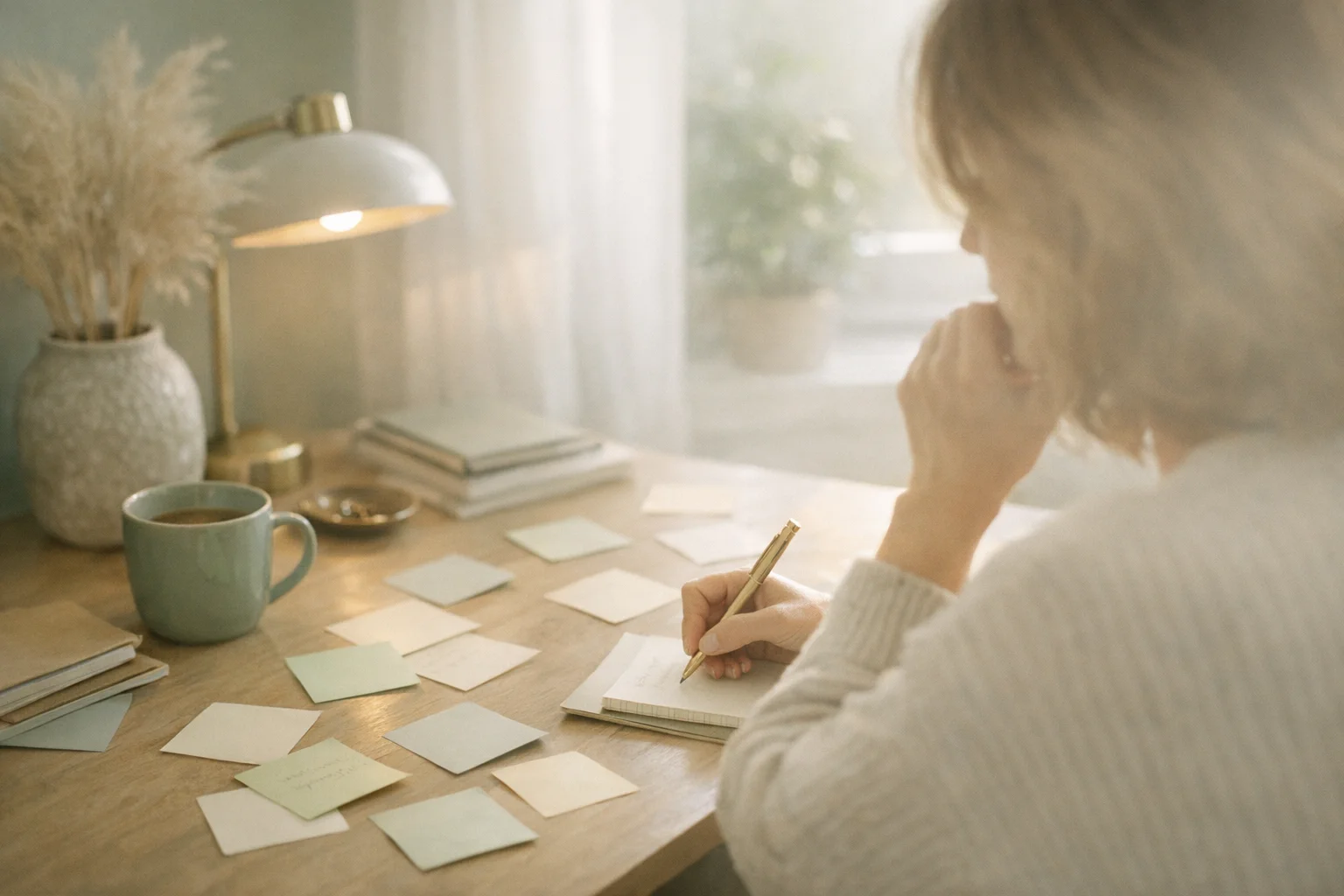 A desk with scattered sticky notes in morning light, a softly hazy atmosphere illustrating perimenopause brain fog and alcohol