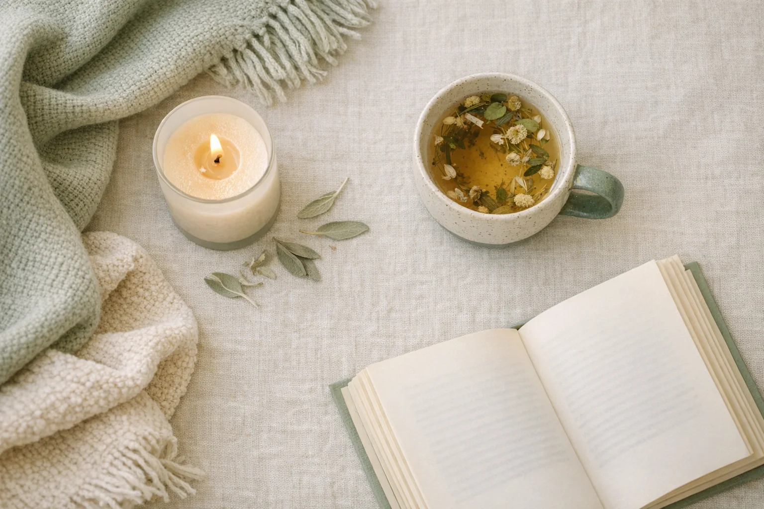 A peaceful self-care scene with candles and herbal tea