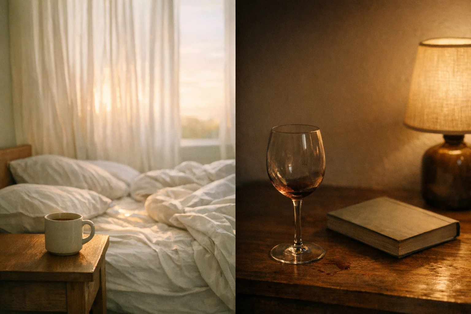 A sunrise bedroom scene beside a shadowed evening scene with an empty wine glass, representing the loop between alcohol, anxiety, and sleep