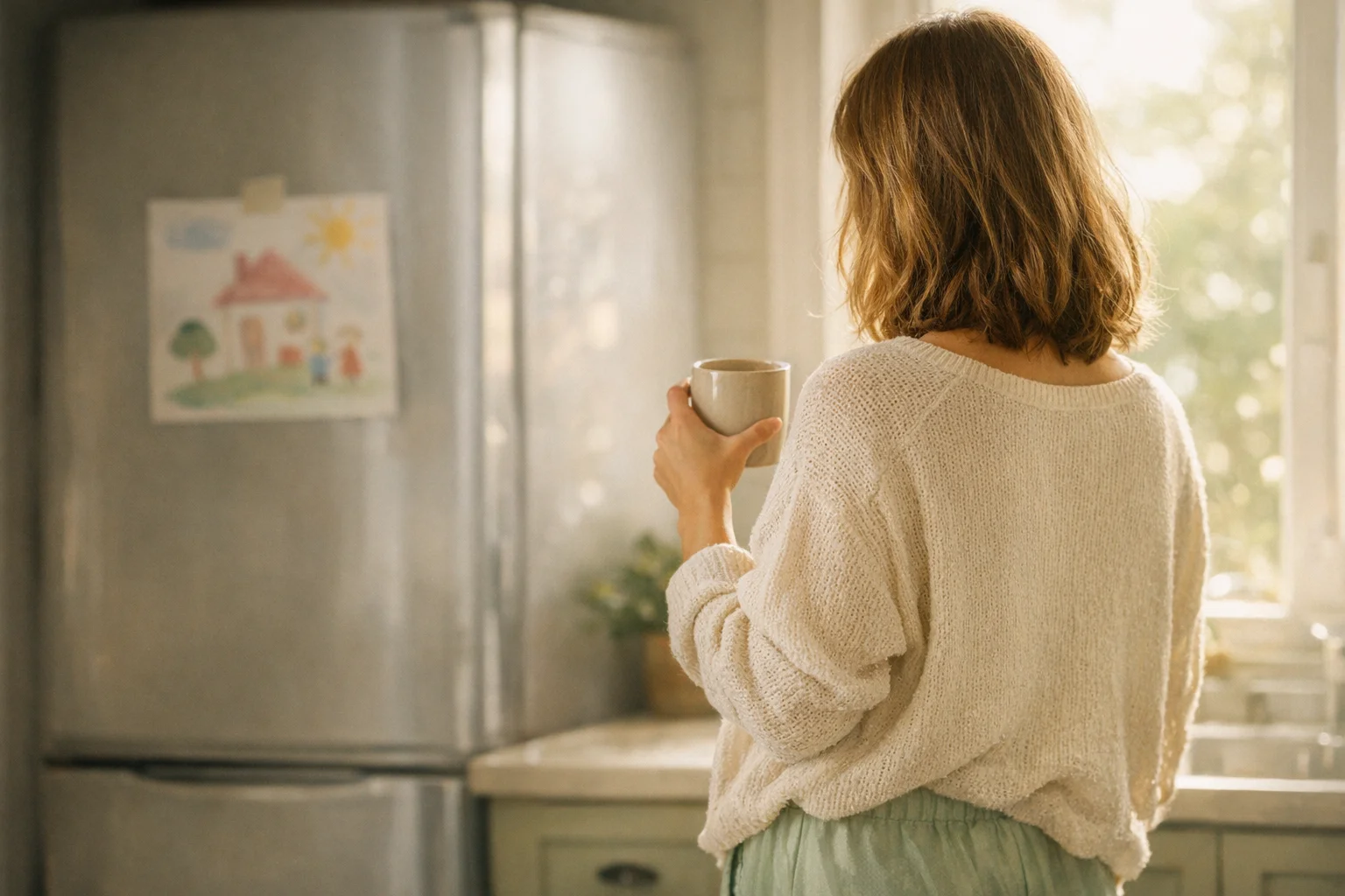 A woman standing at a kitchen window in early morning light with a ceramic mug, a child's drawing visible on the fridge behind her