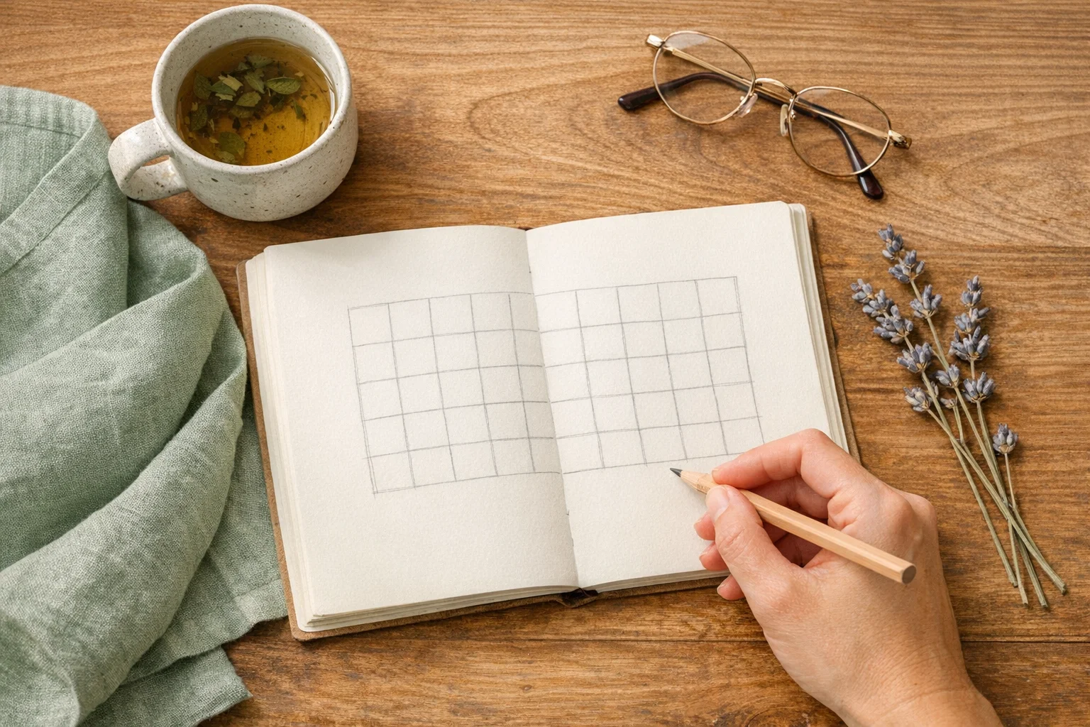 An overhead flat lay of a journal with a hand-drawn five-by-six matrix, a ceramic mug of tea, reading glasses, and dried lavender on a warm wood table, illustrating the perimenopause hormone-by-symptom map