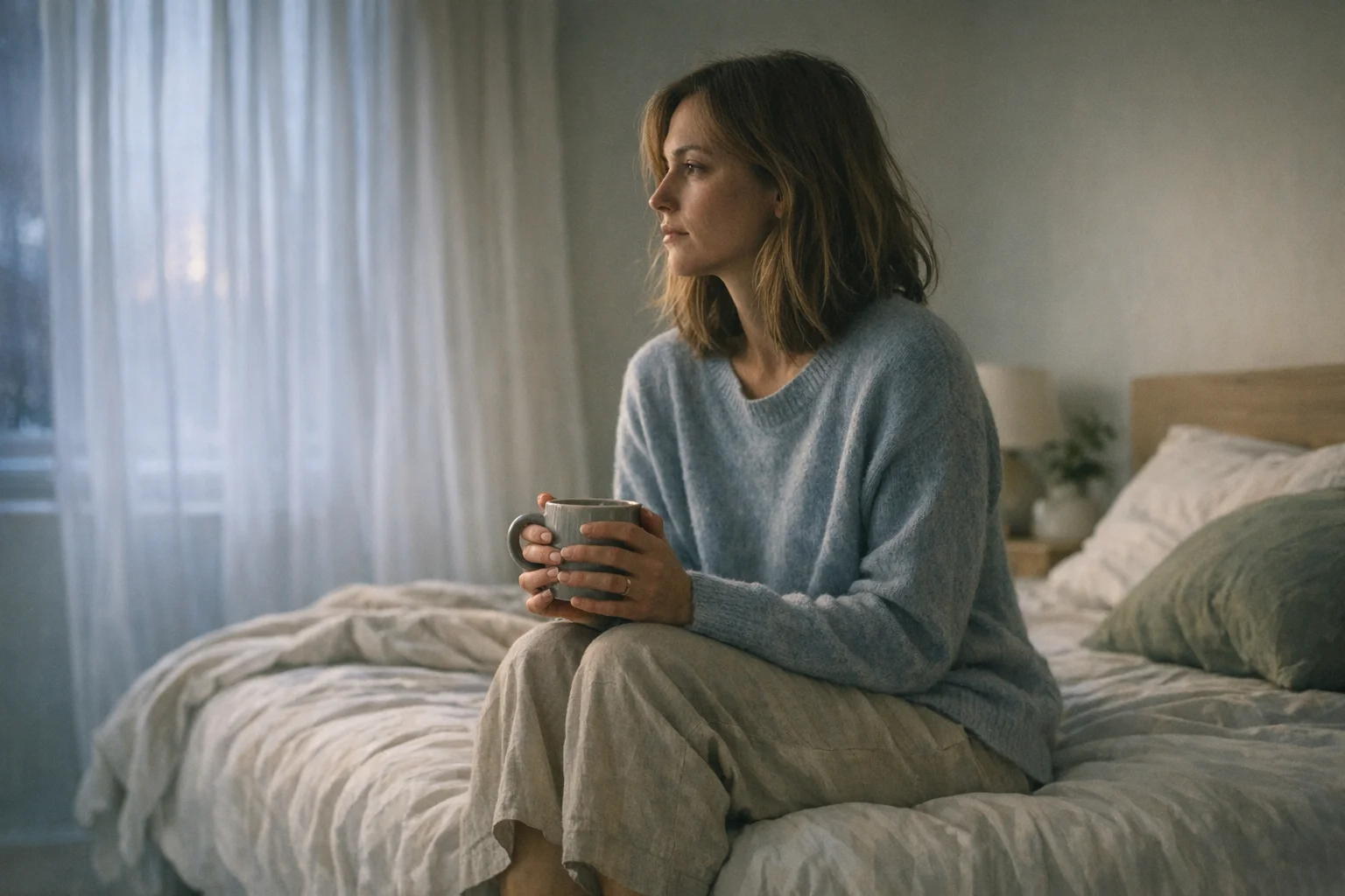 A woman sitting on the edge of a bed at dawn with hands wrapped around a mug, illustrating hangxiety the morning after drinking