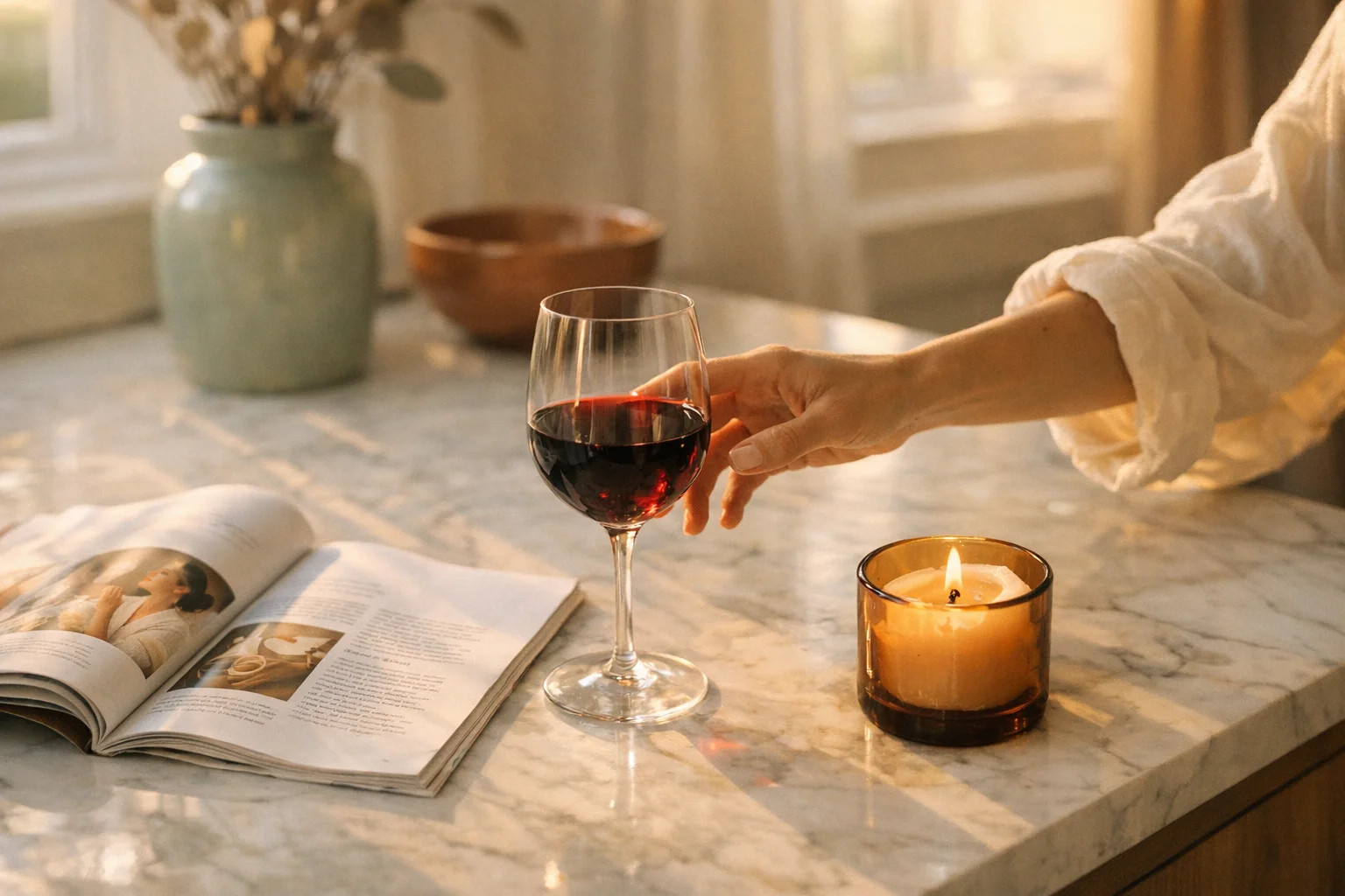A woman's hand reaching toward a glass of red wine on a marble kitchen counter at golden hour, an open lifestyle magazine and a half-burned candle nearby, illustrating the wine as self care myth in mom culture