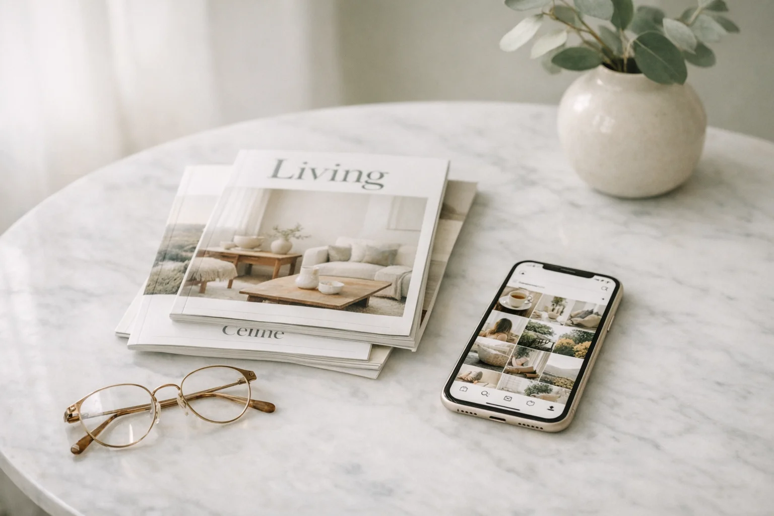 An editorial scene with magazines and a phone showing social media