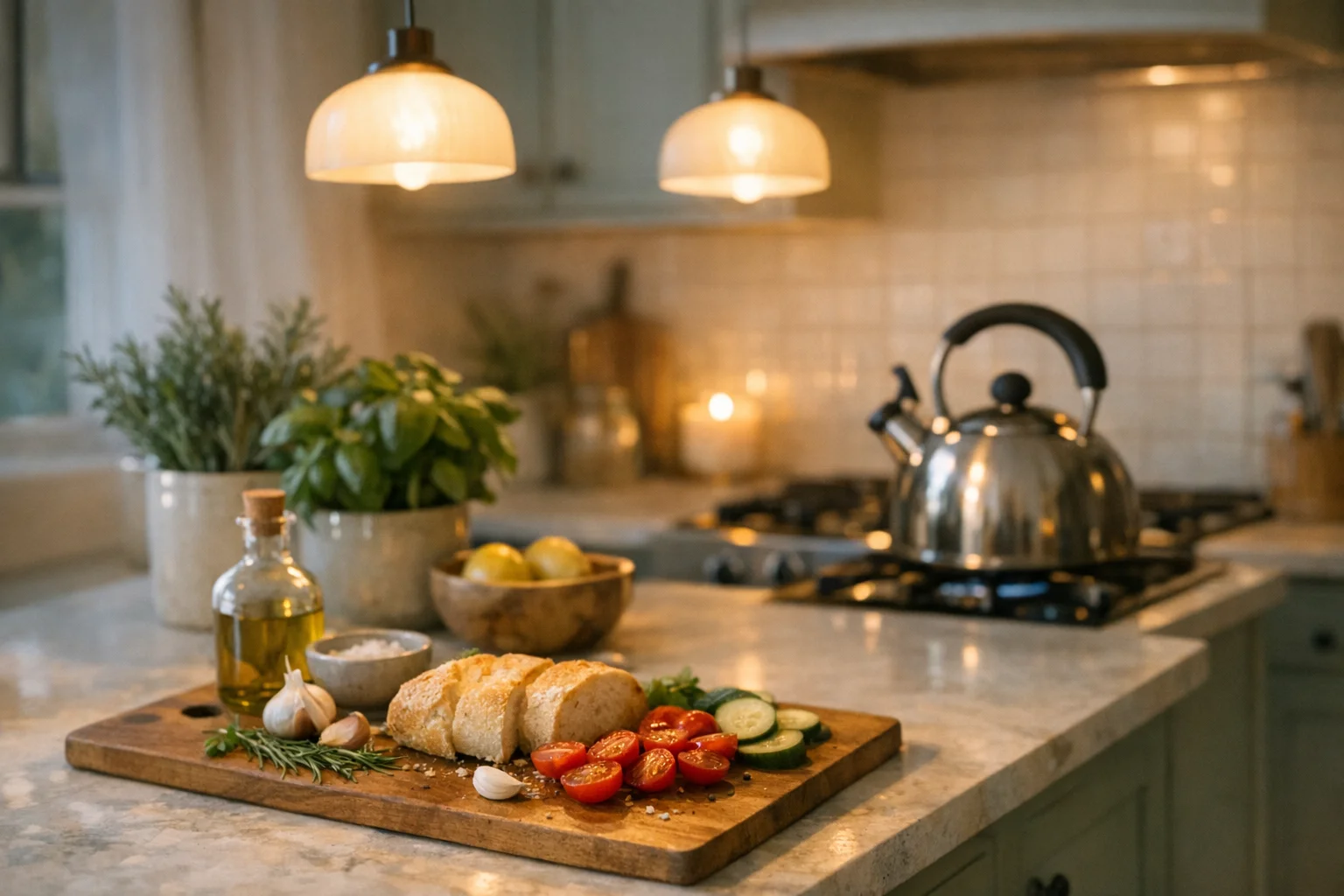 A warm evening kitchen scene with cozy lighting