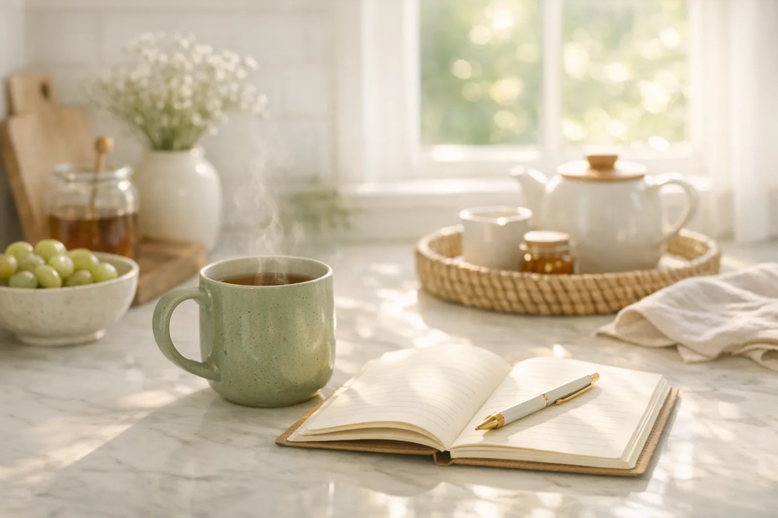 A peaceful morning scene with warm light, a journal, and a cup of tea